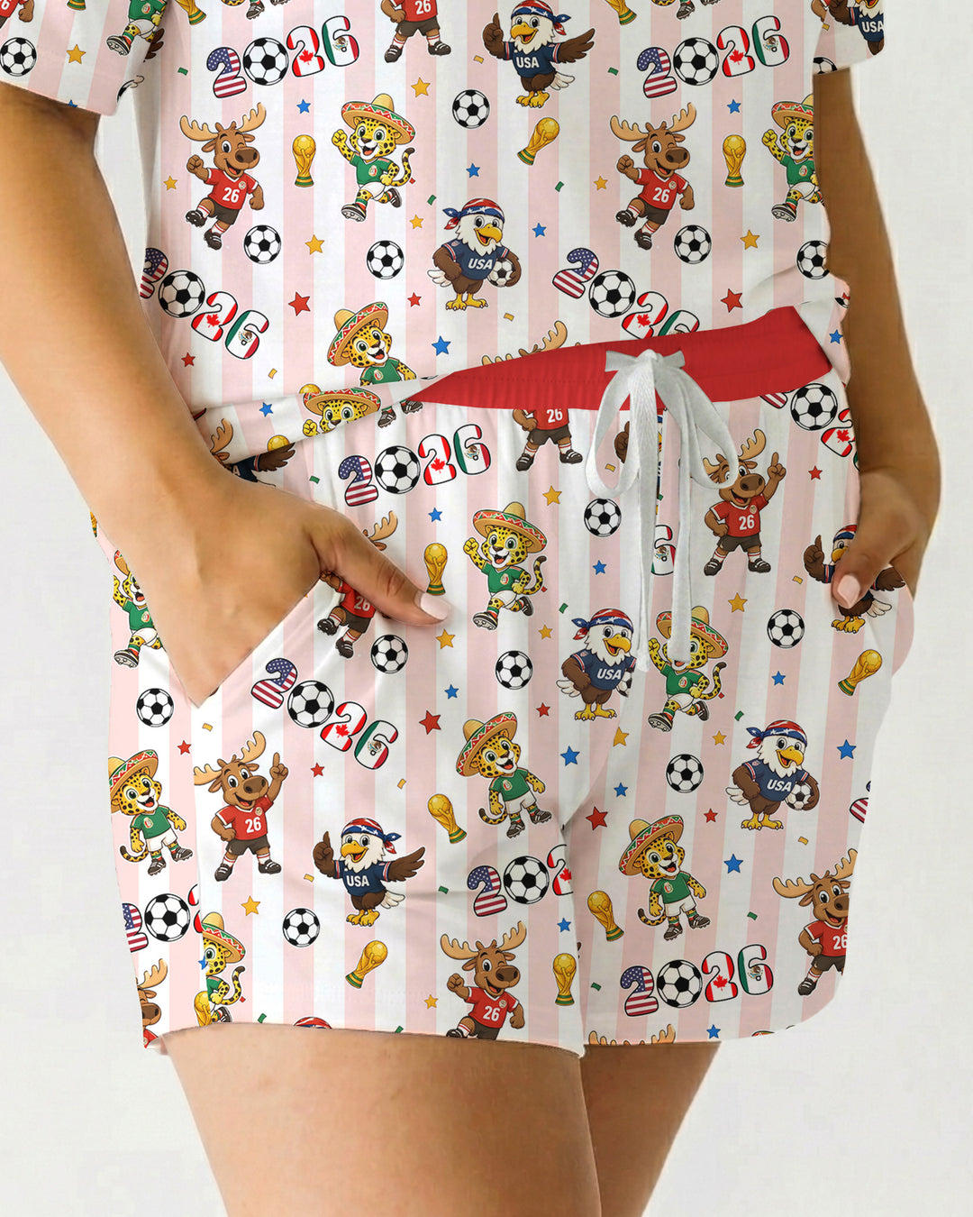 Striped Cute Mascots Soccer Cup 2026 Bamboo Men Short Sleeve Short Pajama Set