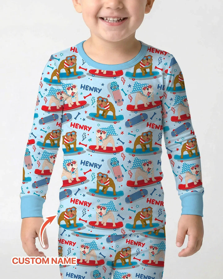Personalized Patriotic Skate Pups Family Matching Bamboo Two Piece Long Sleeve Pajama Set
