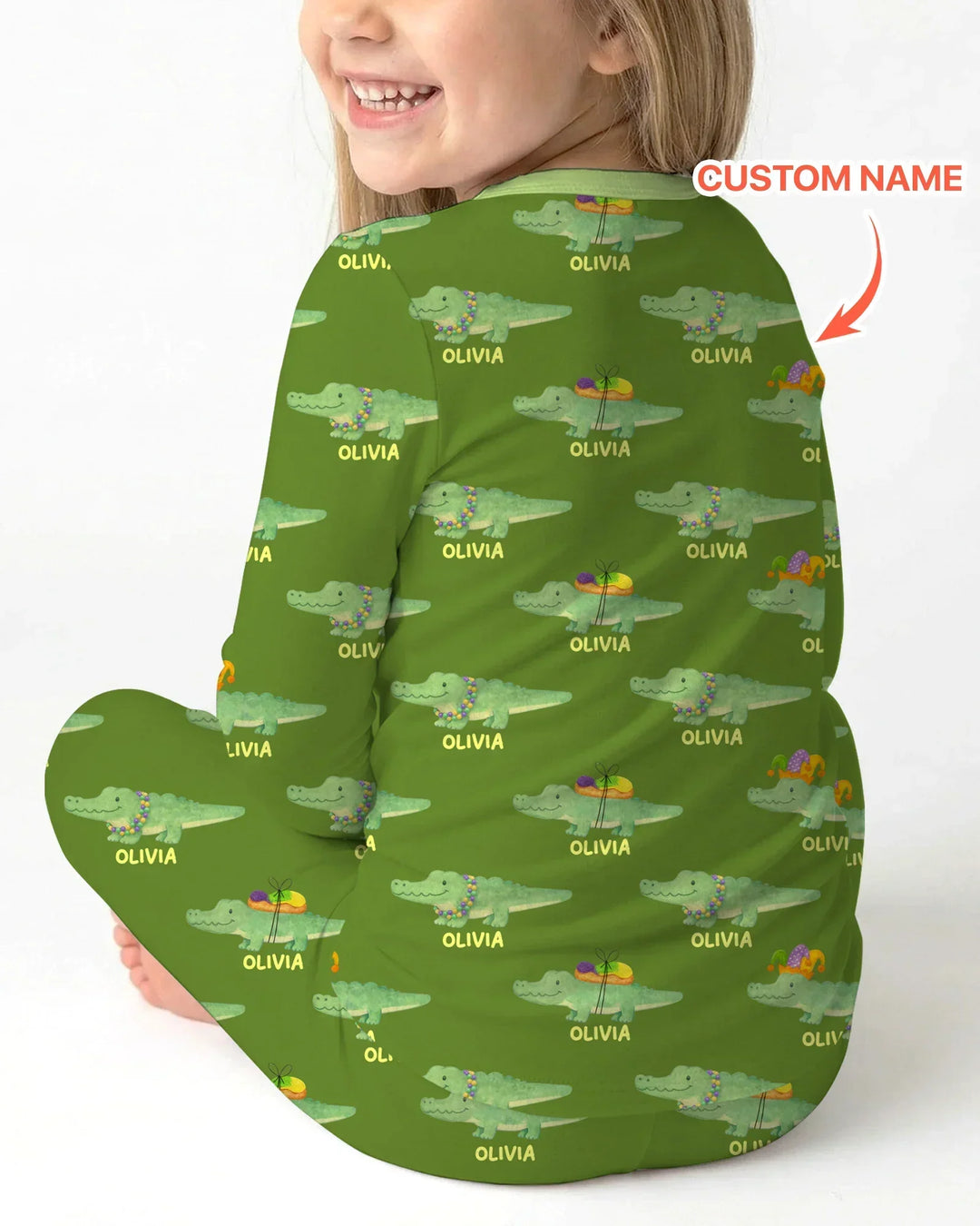 Custom Name Mardi Gras Gator Bamboo Two Piece Long Sleeve Pajama Set