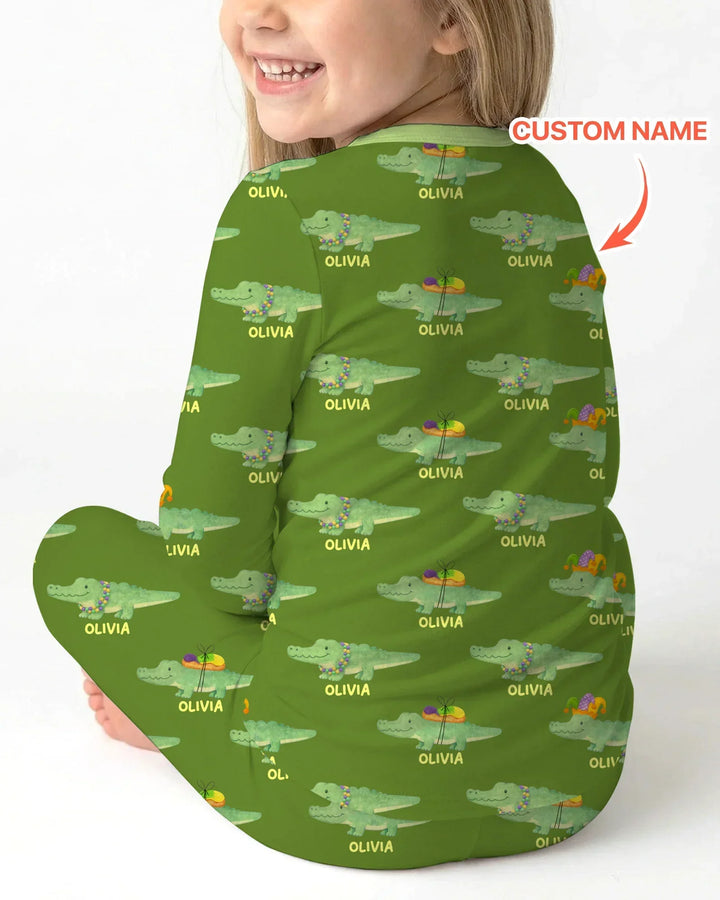Custom Name Mardi Gras Gator Bamboo Two Piece Long Sleeve Pajama Set