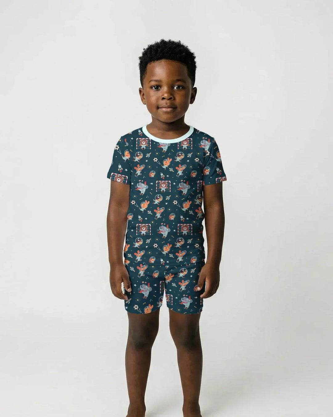 Space Soccer Bamboo Two Piece Short Sleeve Shorts Pajama Set