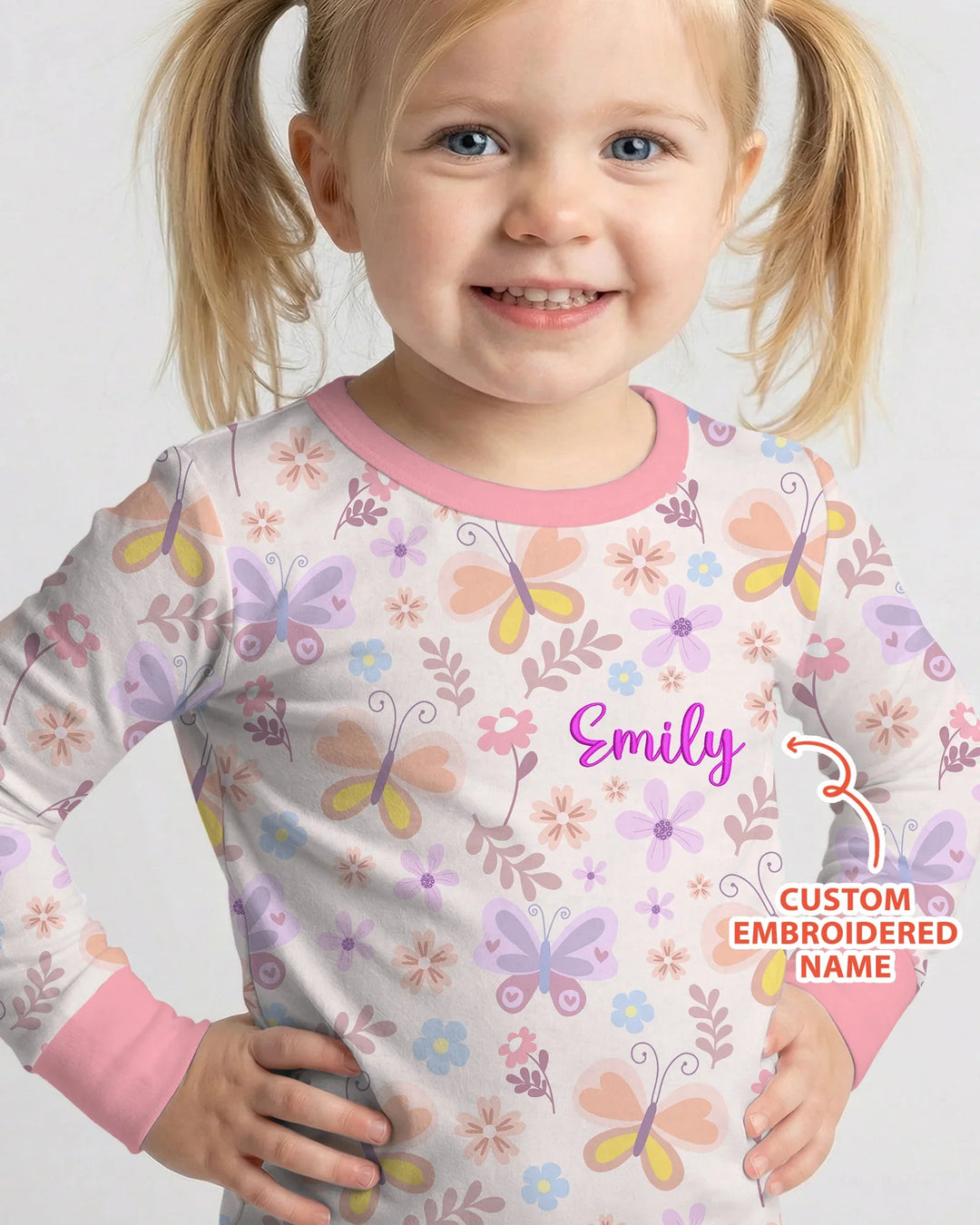Custom Embroidered Name Butterfly Bamboo Two Piece Long Sleeve Pajama Set