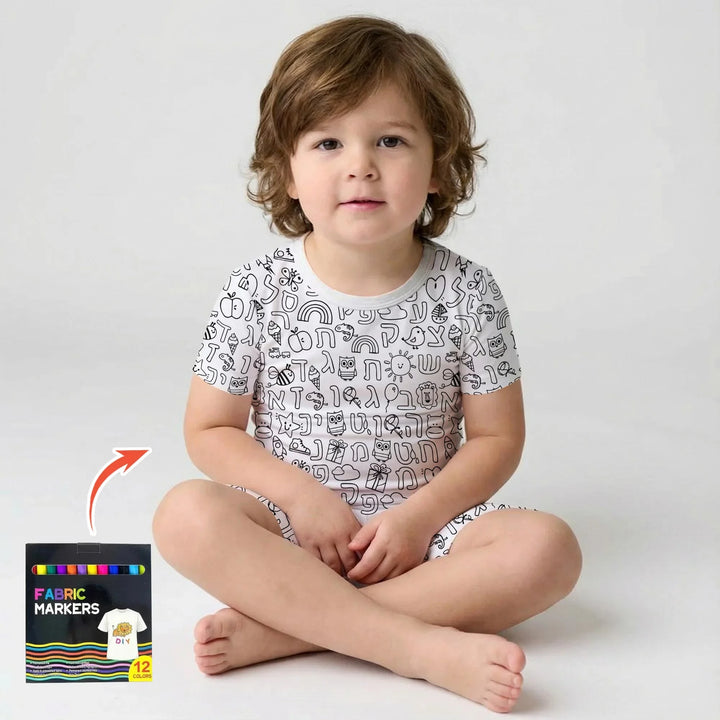 Hebrew Alphabet Colorable Bamboo Two Piece Short Sleeve Shorts Pajama Set