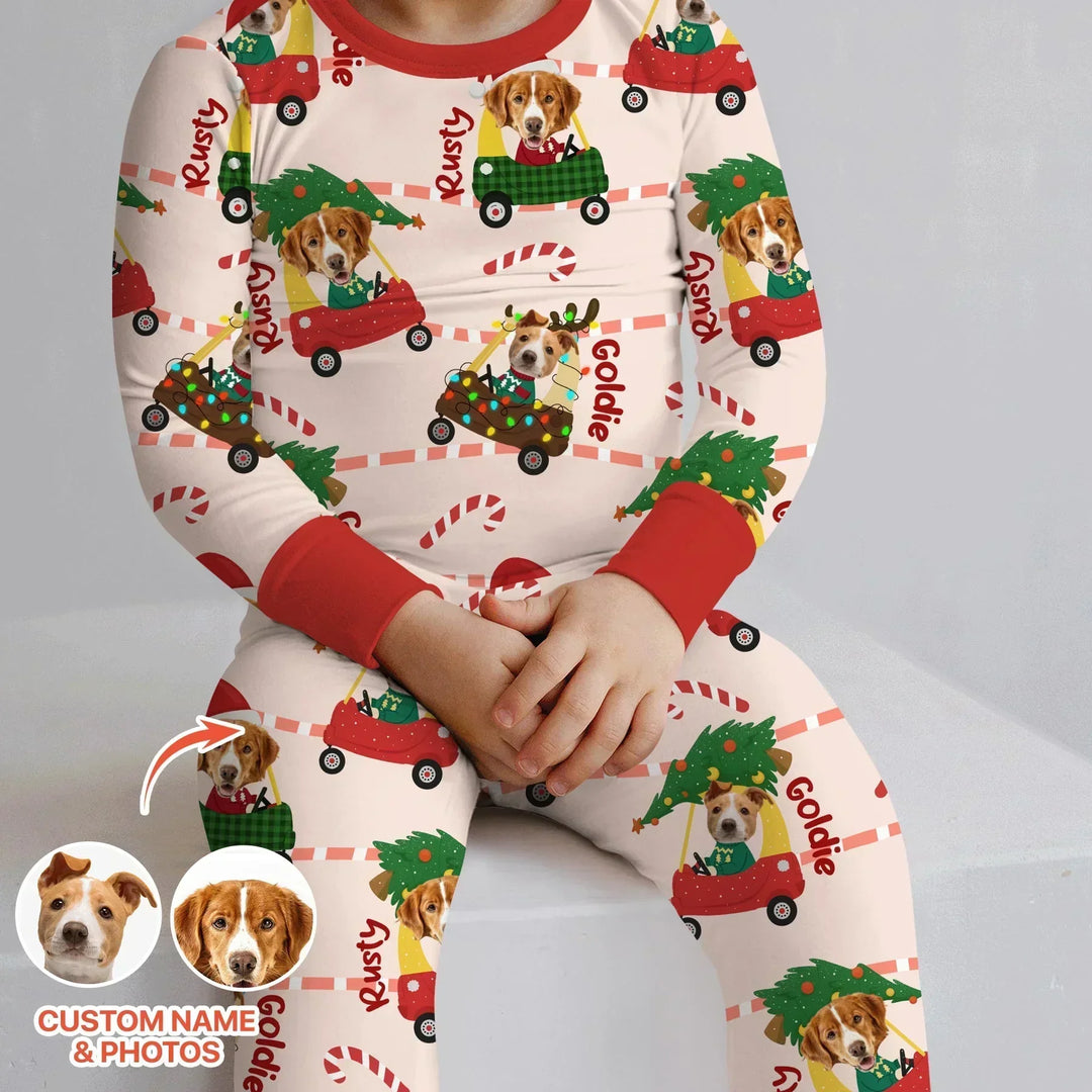 Custom Pet Photo Christmas Tikes Car Bamboo Two Piece Long Sleeve Pajama Set