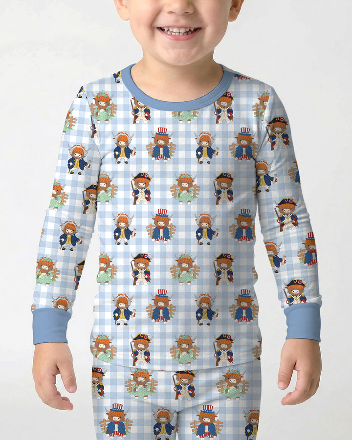 Patriotic 4th of July Highland Cow Bamboo Two Piece Long Sleeve Pajama Set