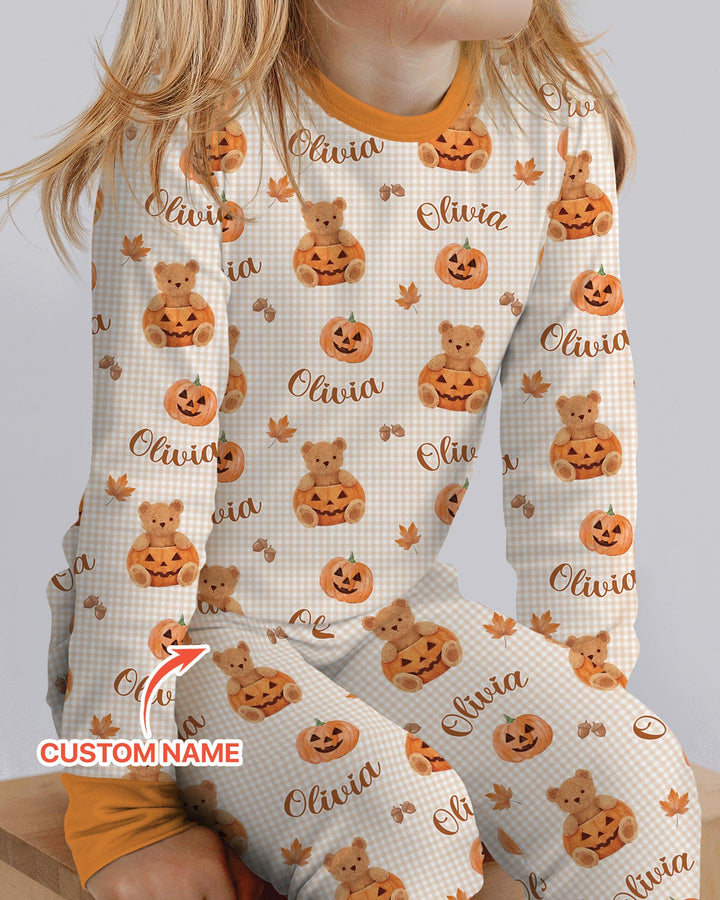 Custom Name Pumpkin Teddy Bamboo Two Piece Long Sleeve Pajama Set