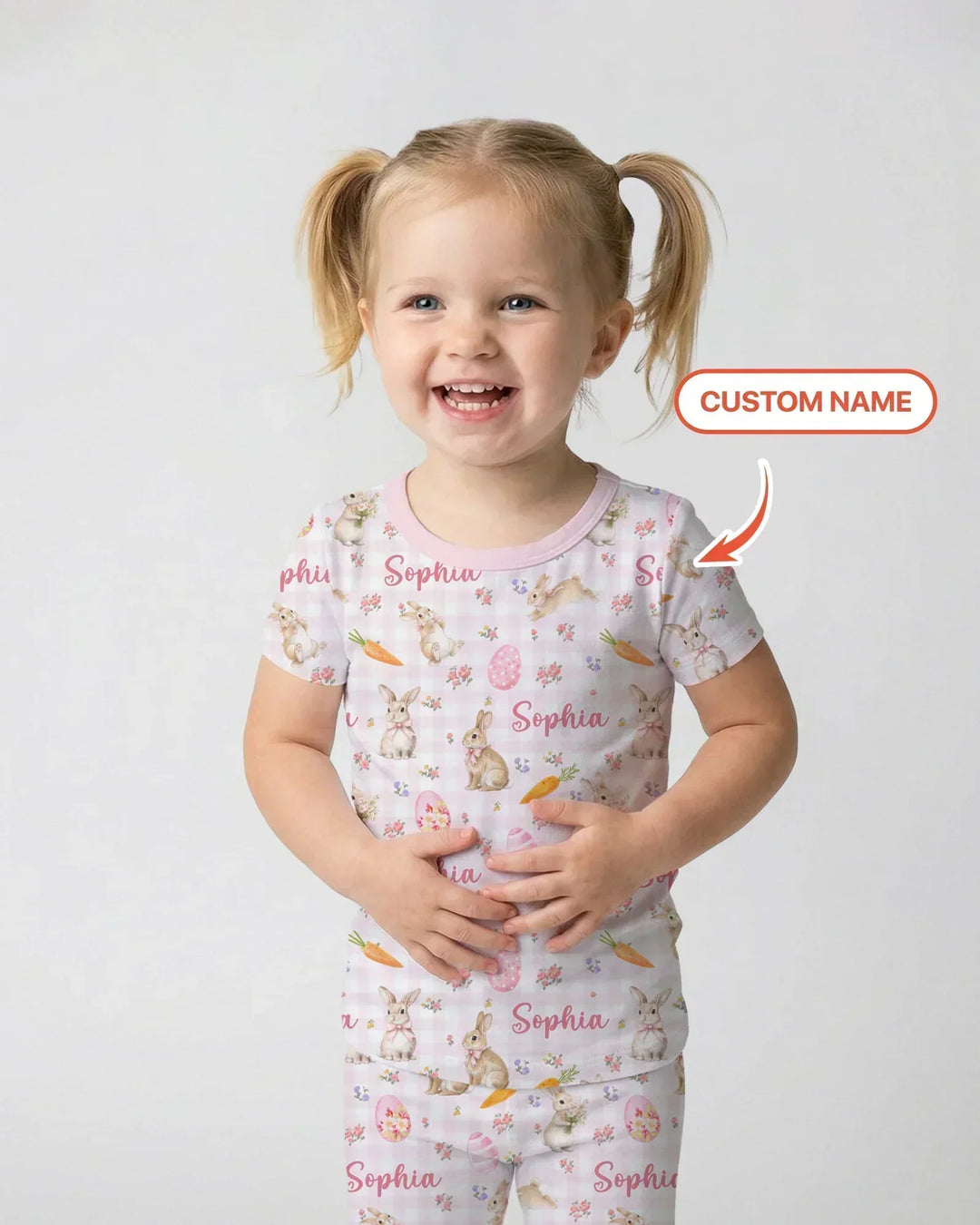 Custom Name Bunny Garden Bamboo Two Piece Short Sleeve Pajama Set