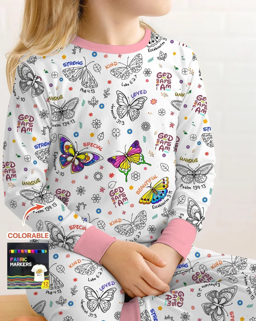 Colorable God Says I Am Butterfly Bamboo Two Piece Long Sleeve Pajama Set
