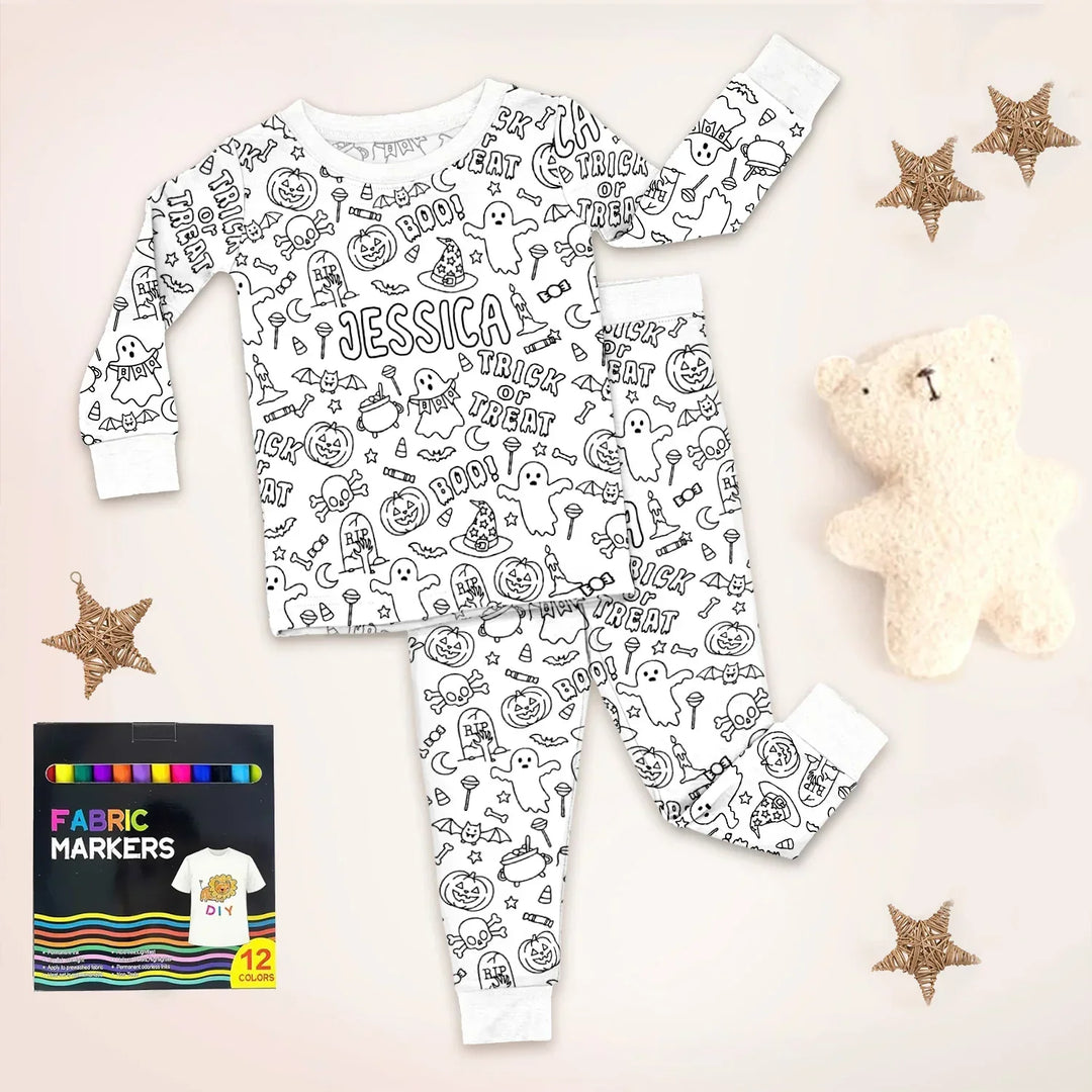 All Halloween Colorable Two Piece Long Sleeve Pajama Set , All Halloween Colorable Two Piece Long Sleeve Pajama Set - Custom Name Halloween / 3T