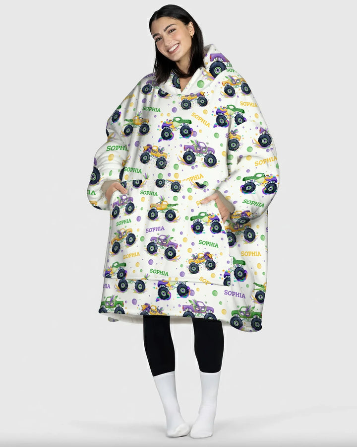 Custom Name Mardi Gras Monster Trucks Bamboo Blanket Hoodie