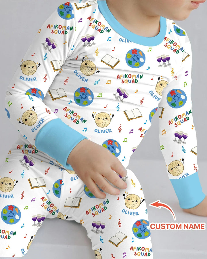 Custom Name Passover Afikoman Squad Bamboo Two Piece Long Sleeve Pajama Set