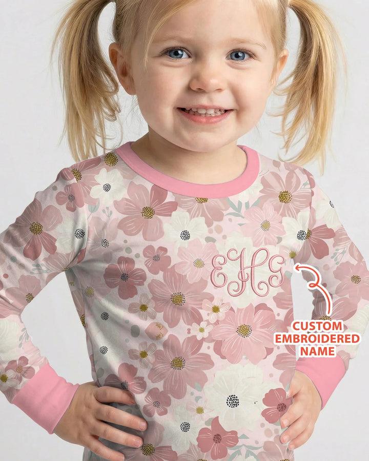 Custom Embroidered Name Floral Bamboo Two Piece Long Sleeve Pajama Set