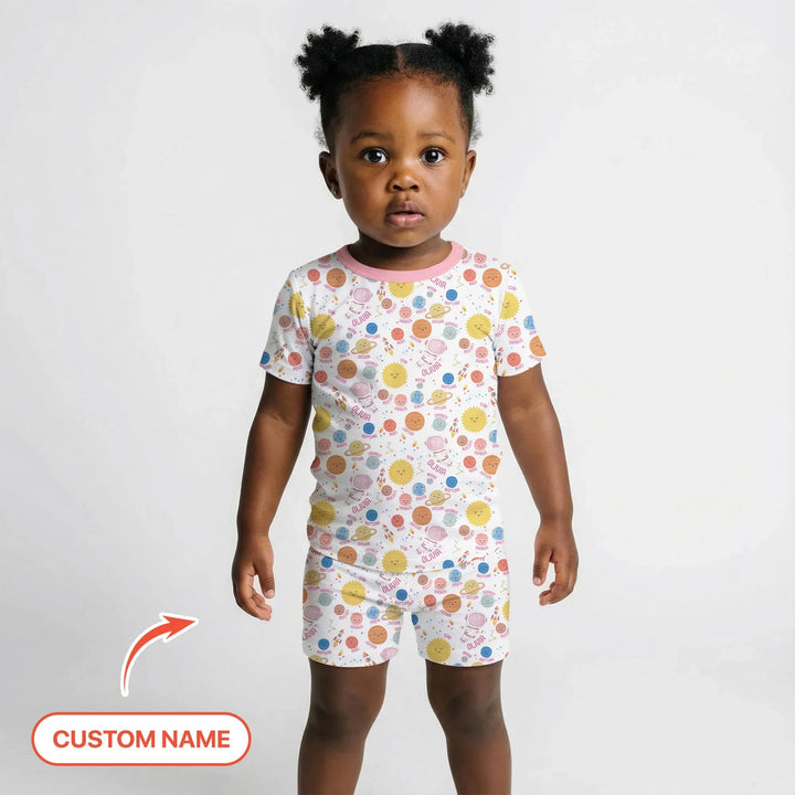 Custom Name Little's Kid into Universer Bamboo Two Piece Short Sleeve Shorts Pajama Set