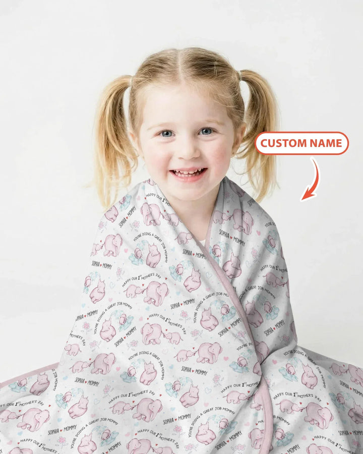 Custom Name Mother & Baby Elephant Bamboo Blanket