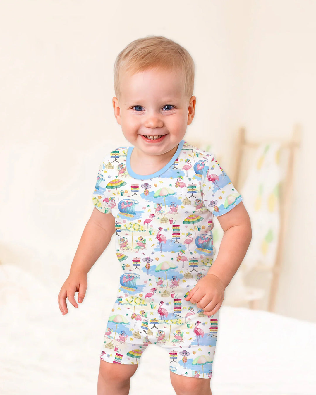 Flamingo Beach Family Matching Bamboo Two Piece Short Sleeve Shorts Pajama Set