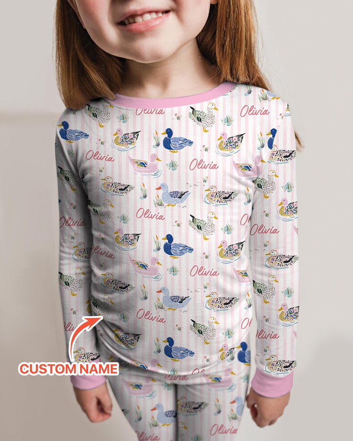Whimsical Duck Custom Name Bamboo Two Piece Long Sleeve Pajama Set