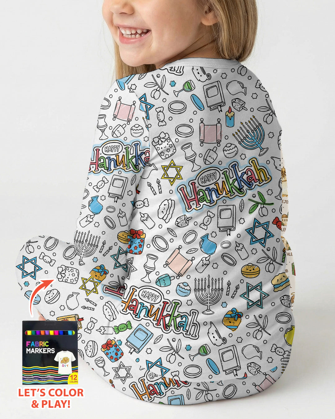 Happy Hanukkah Colorable Bamboo Two Piece Long Sleeve Pajama Set