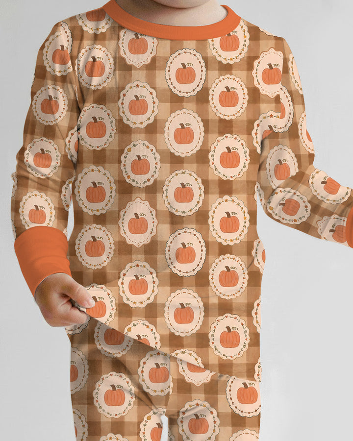 Folksy Framed Gingham Pumpkin Bamboo Two Piece Long Sleeve Pajama Set