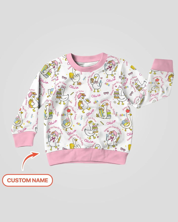 Custom Name Goose Happy 100 Days Of School Bamboo Crewneck Sweatshirt