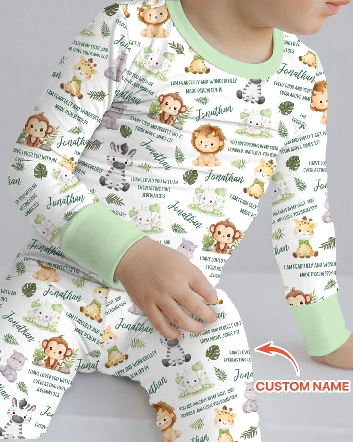 Custom Name Bible Verse Safari Animal Bamboo Two Piece Long Sleeve Pajama Set