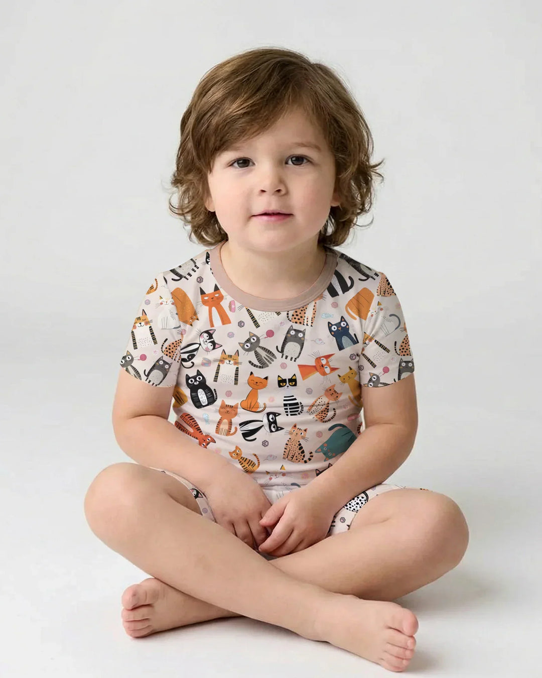 Goofy Mischief Cat Family Matching Bamboo Two Piece Short Sleeve Shorts Pajama Set