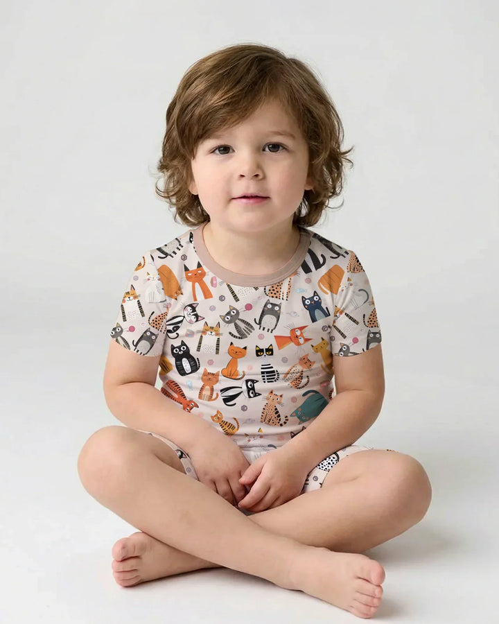 Goofy Mischief Cat Family Matching Bamboo Two Piece Short Sleeve Shorts Pajama Set