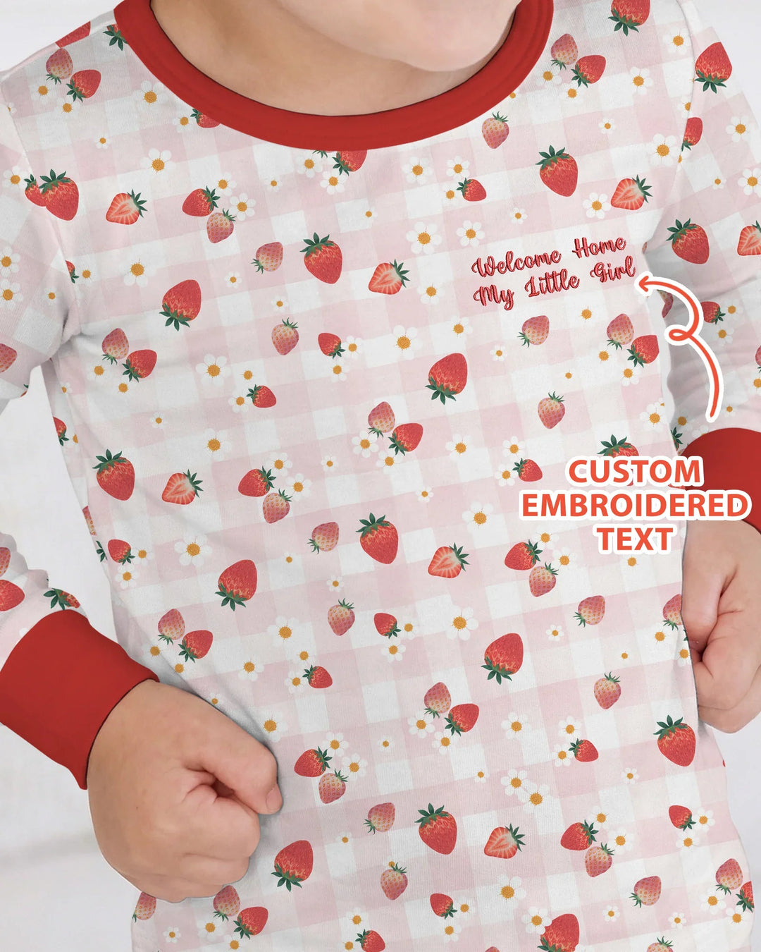 Embroidered Custom Text Strawberry Bamboo Two Piece Long Sleeve Pajama Set