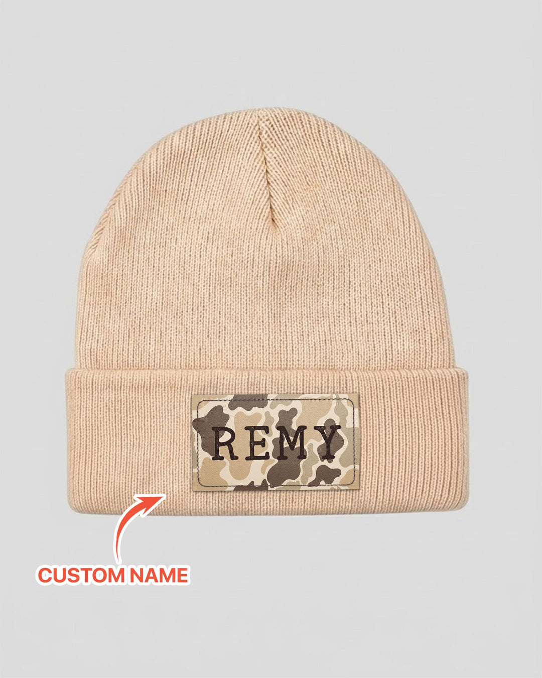Custom Name Camo Leather Patch Beanie