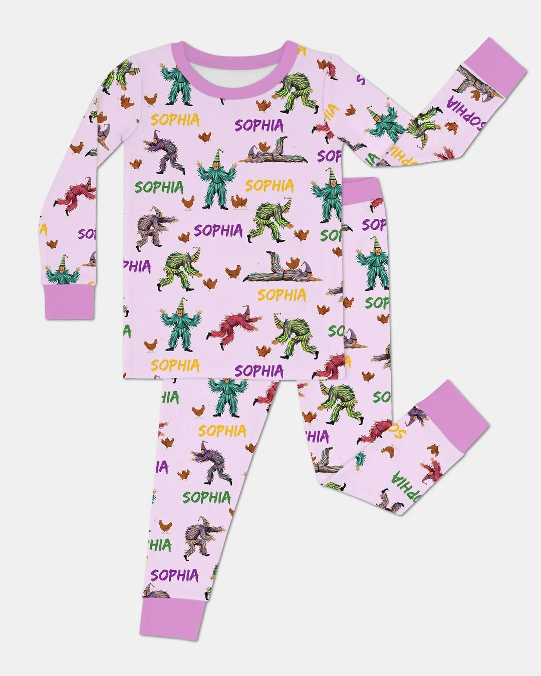 Custom Name Mardi Gras Chicken Chase Family Matching Bamboo Two Piece Long Sleeve Pajama Set