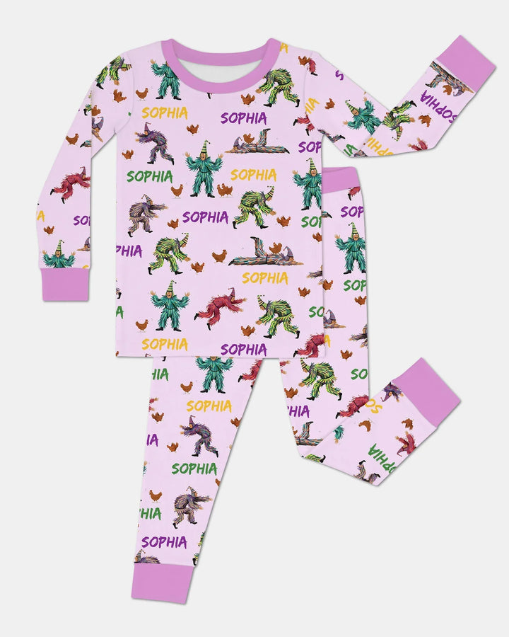 Custom Name Mardi Gras Chicken Chase Family Matching Bamboo Two Piece Long Sleeve Pajama Set