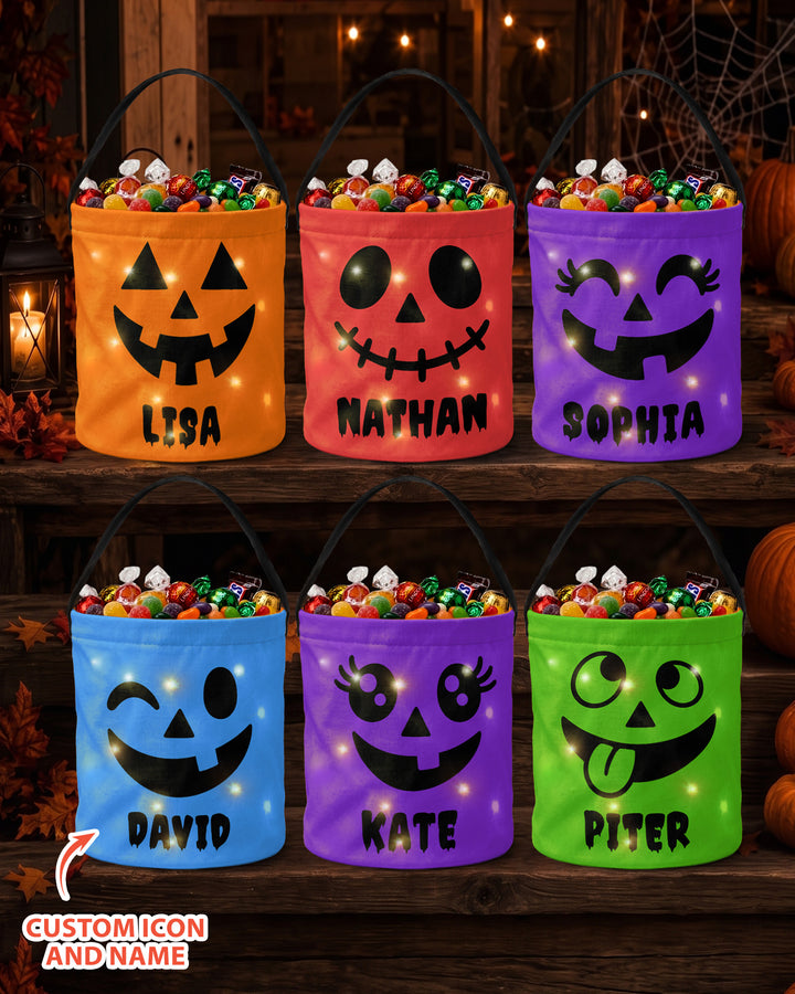 Halloween Pumpkin Face Custom Name Led Light Bucket Bag