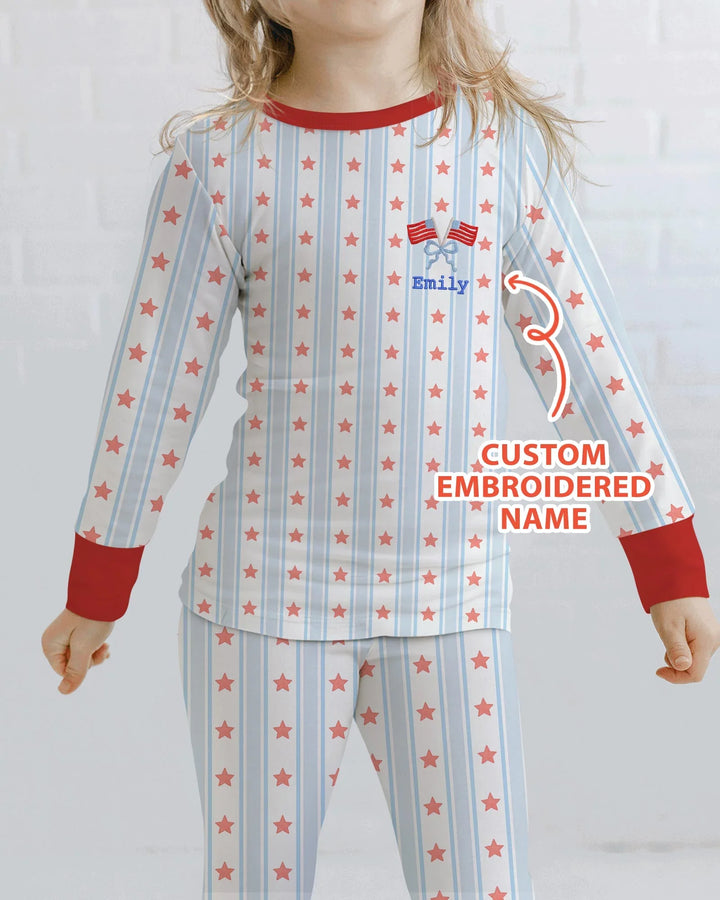 Custom Name Embroidered First 4th Of July Baby Bamboo Two Piece Long Sleeve Pajama Set