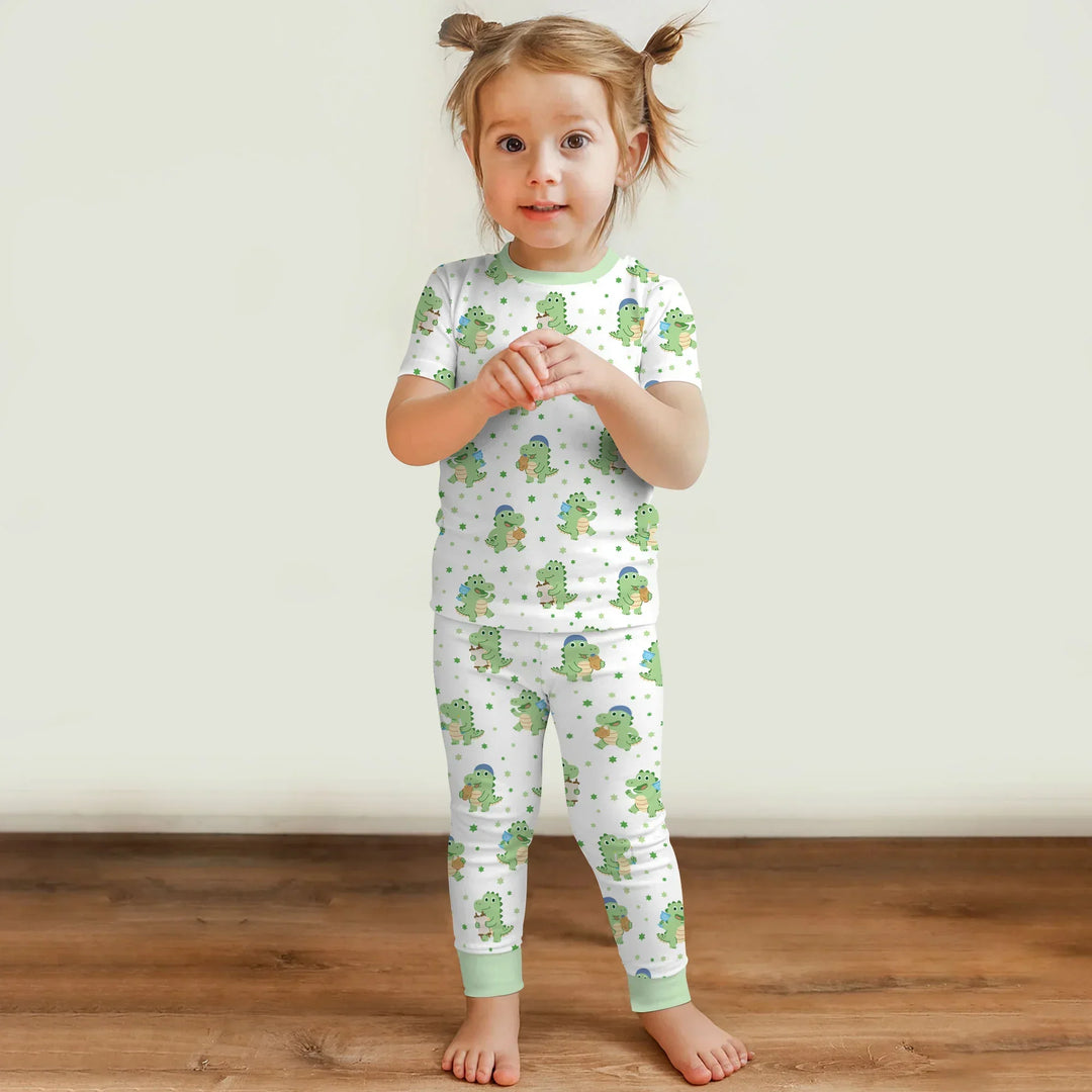 Shabbat Dinosaur Bamboo Two Piece Short Sleeve Pajama Set