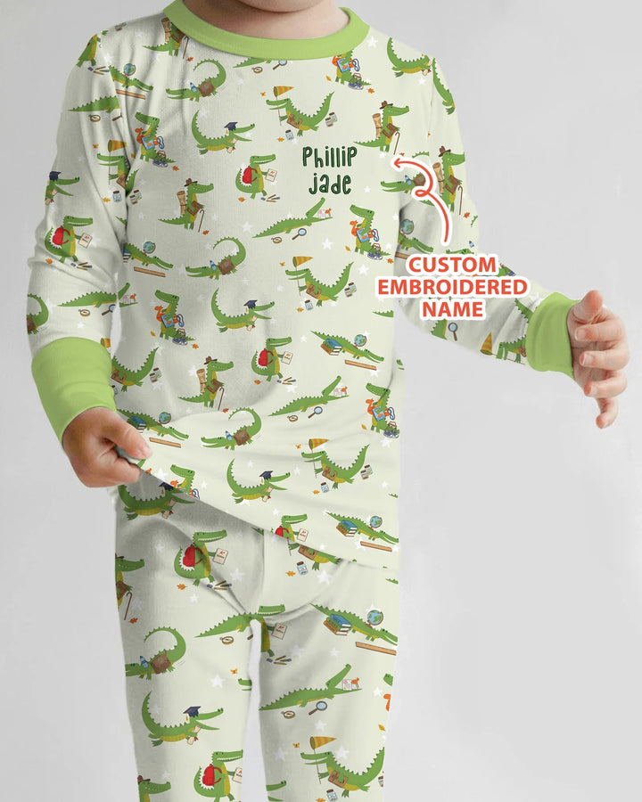 Custom Name Embroidered Alligator Bamboo Two Piece Long Sleeve Pajama Set