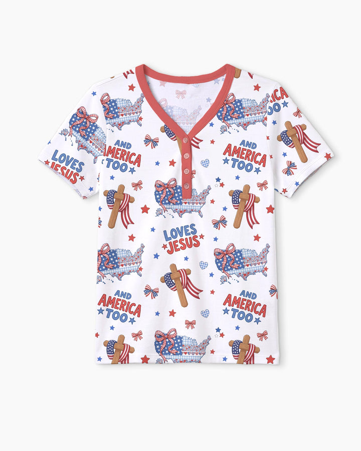 Loves Jesus And America Too Bamboo Women Short Sleeve Short Pajama Set