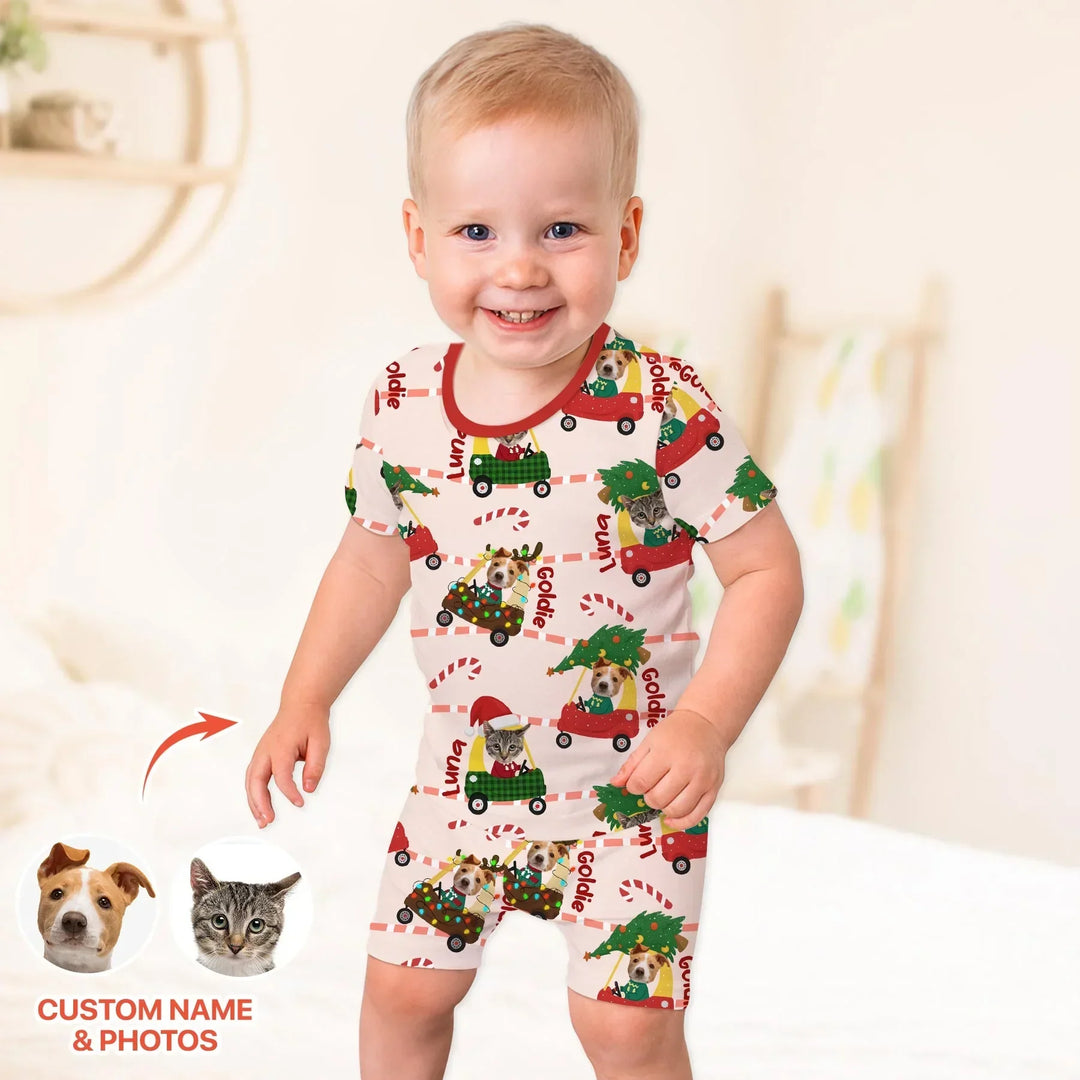 Custom Pet Photo Christmas Tikes Car Bamboo Two Piece Short Sleeve Shorts Pajama Set