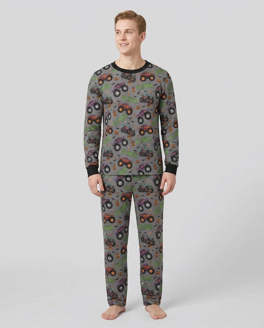 Custom Name Haunted Monster Trucks  Bamboo Men's Pajama Set