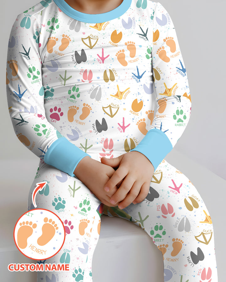 Cute Farm Animal Tracks Custom Name Bamboo Two Piece Long Sleeve Pajama Set