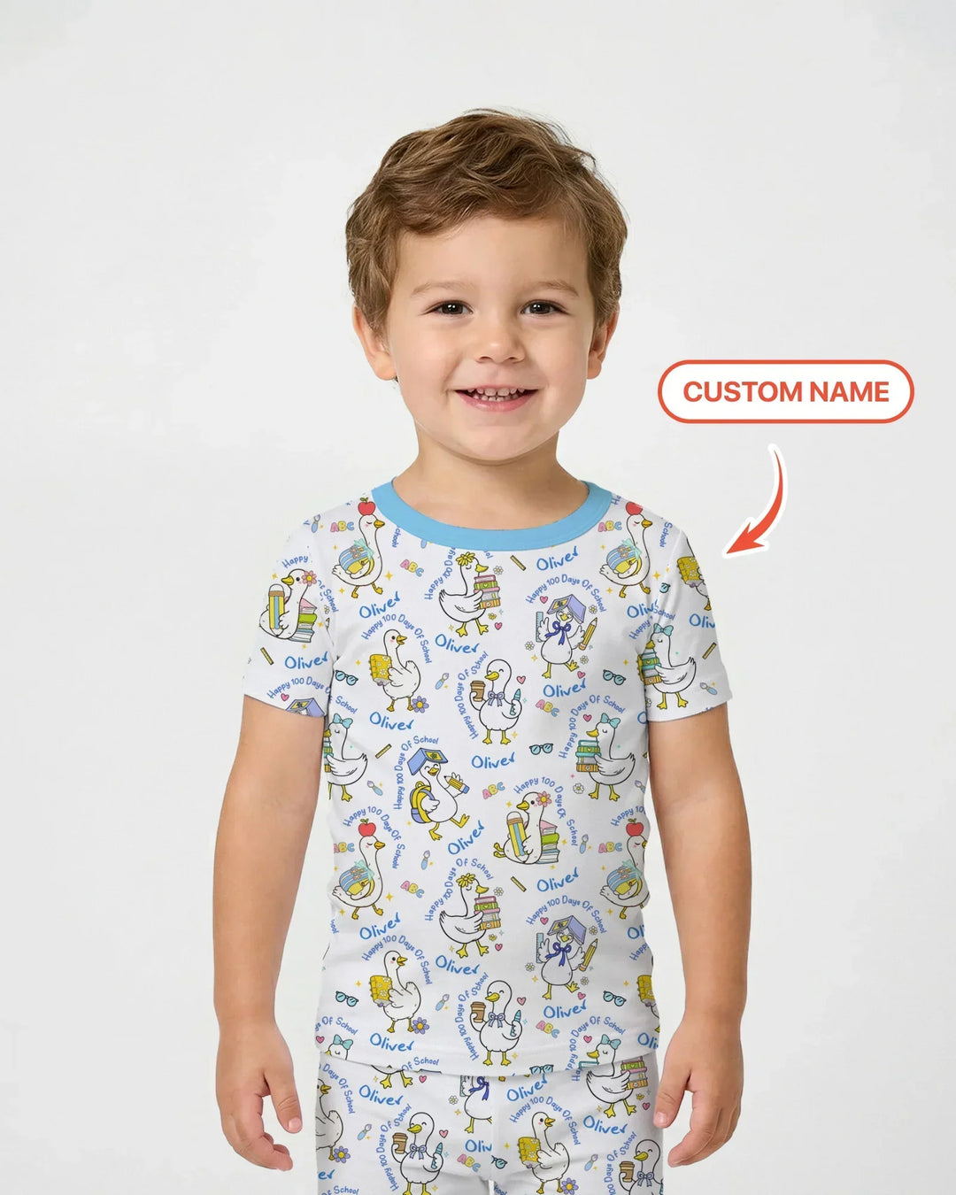 Custom Name Goose Happy 100 Days Of School Bamboo Two Piece Short Sleeve Pajama Set