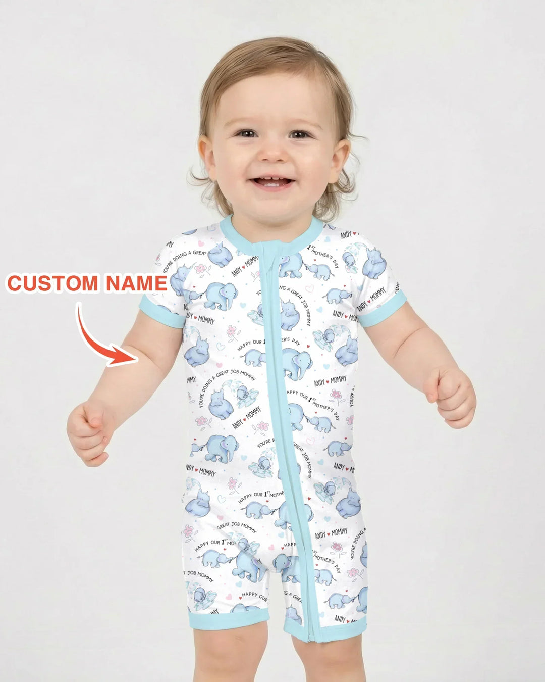 Custom Name Mother & Baby Elephant Bamboo Shorty Zippy