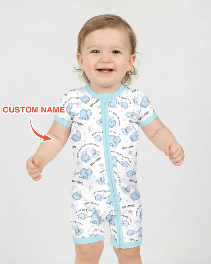 Custom Name Mother & Baby Elephant Bamboo Shorty Zippy