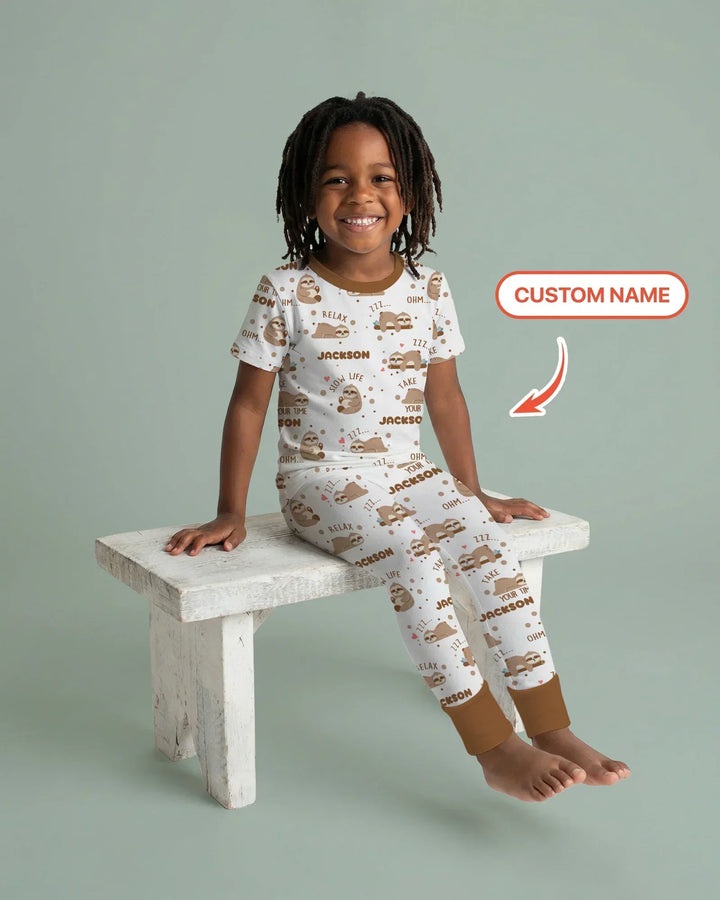 Custom Name Cute Sloth Bamboo Two Piece Short Sleeve Pajama Set