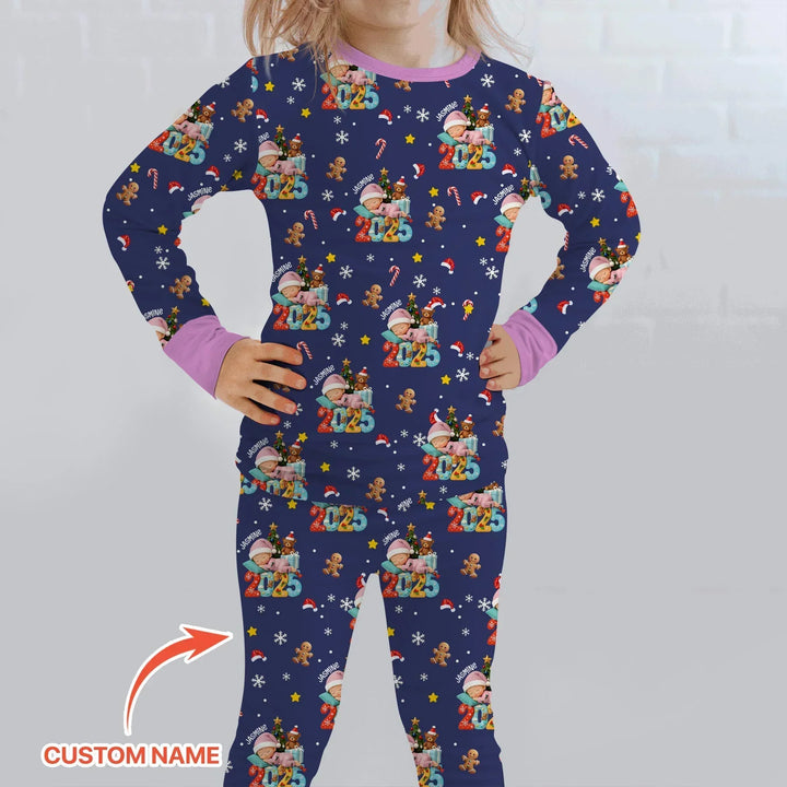 Custom Name Baby Girl's First Christmas Bamboo Two Piece Long Sleeve Pajama Set