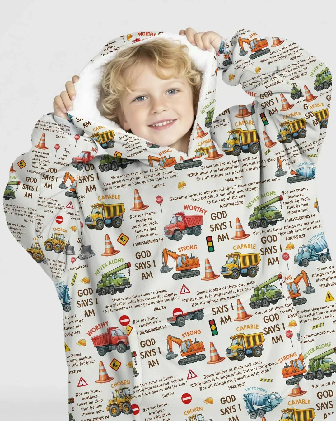 Bible Verse Construction Trucks Wearable Bamboo Blanket Hoodie