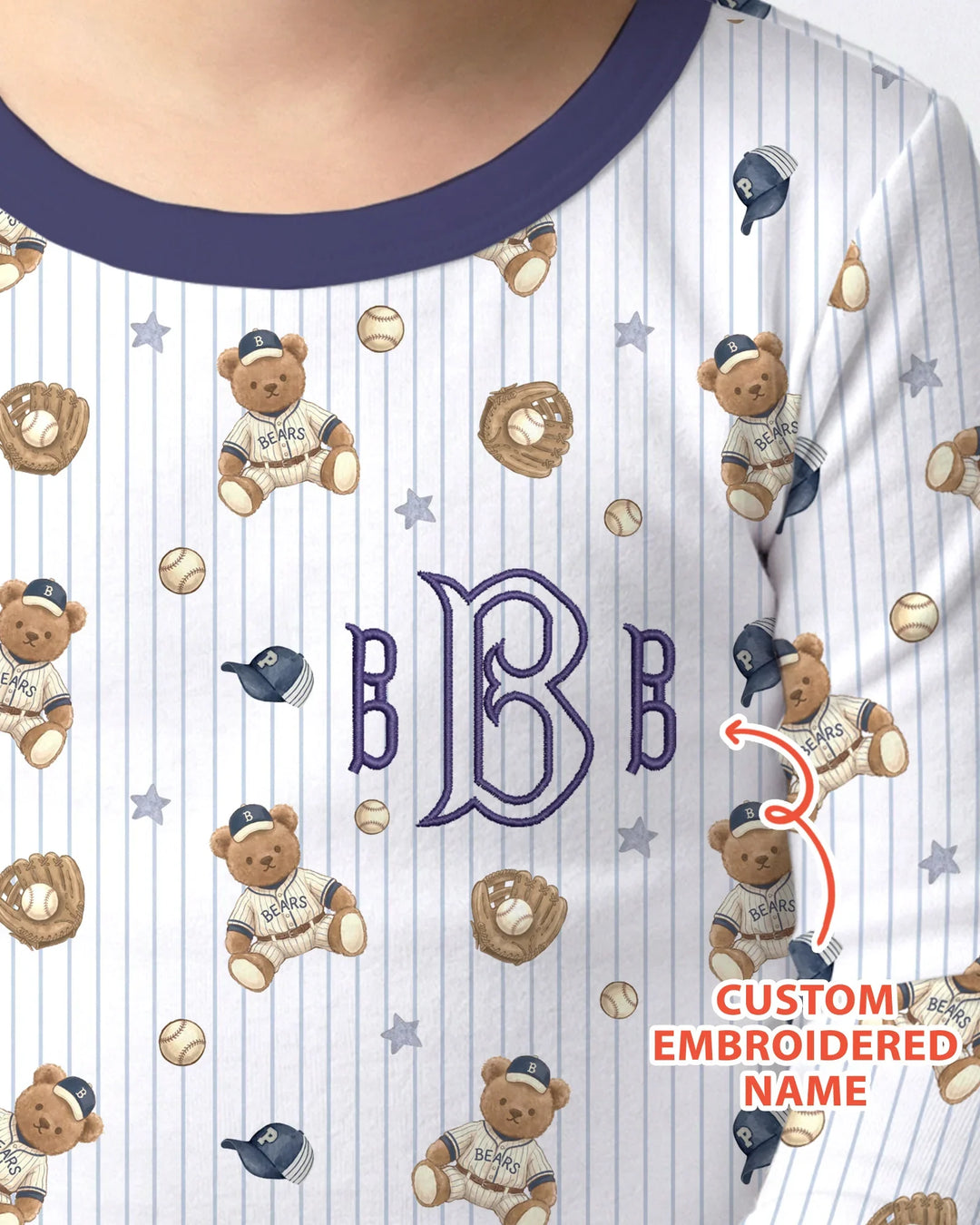Personalized Embroidered Teddy Bear Baseball Baby Bamboo Two Piece Long Sleeve Pajama Set