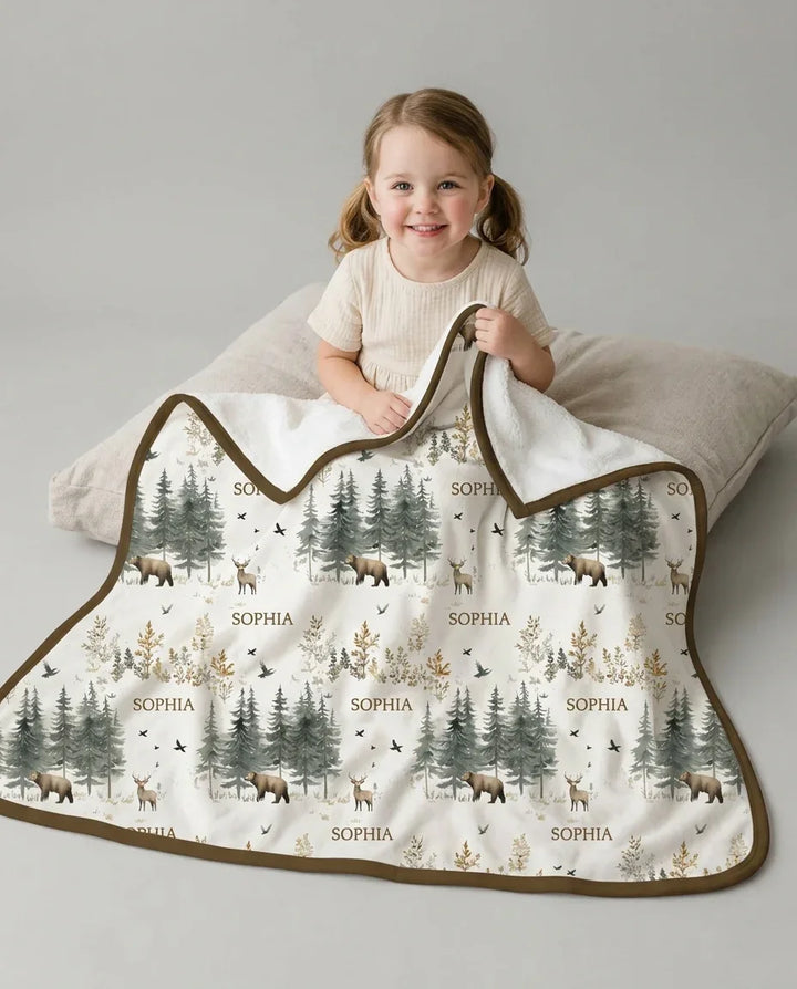 Custom Name Forest Bear Deer Bamboo Blanket