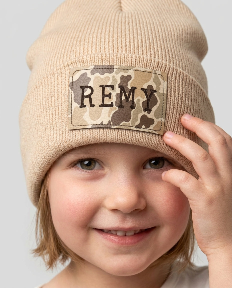 Custom Name Camo Leather Patch Beanie
