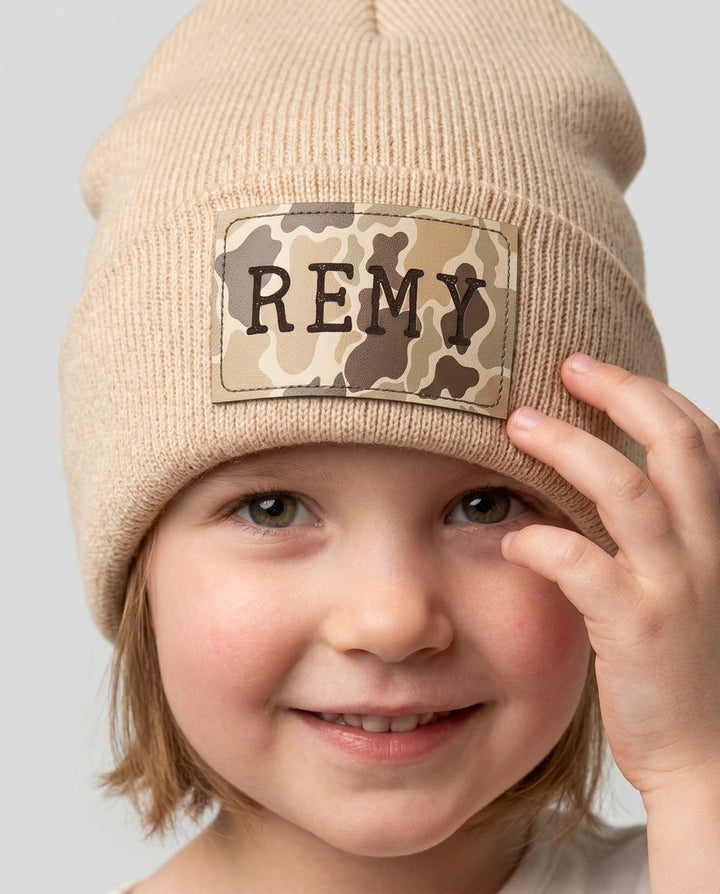 Custom Name Camo Leather Patch Beanie