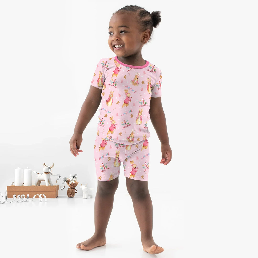 Custom 1st Christmas Rabbit Two Piece Short Sleeve Shorts Pajama Set , Custom 1st Christmas Rabbit Two Piece Short Sleeve Shorts Pajama Set - 12-18M