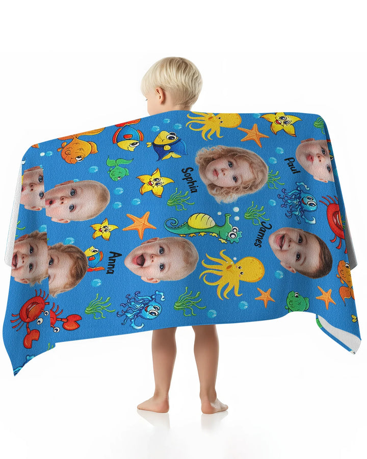 Custom Photo Cute Kid Face Watercolor Sea Creatures Summery Bamboo Beach Towel